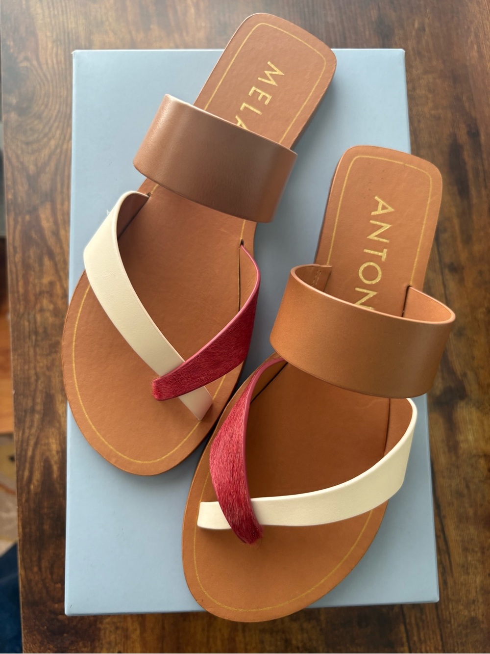 Antonio Melani, Cream & Red Strappy Slide Sandals